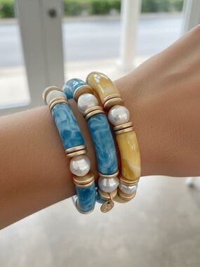 Beaded Stretch Colorblock Bracelet Set, Faux Pearls/Goldtone Accents. Set of 3